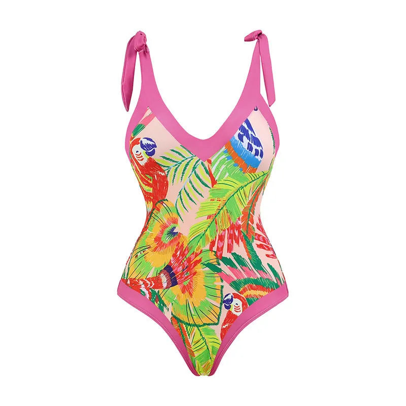 Women's pink floral print retro one-piece swimsuit with V-neck, covered belly and thin skirt
