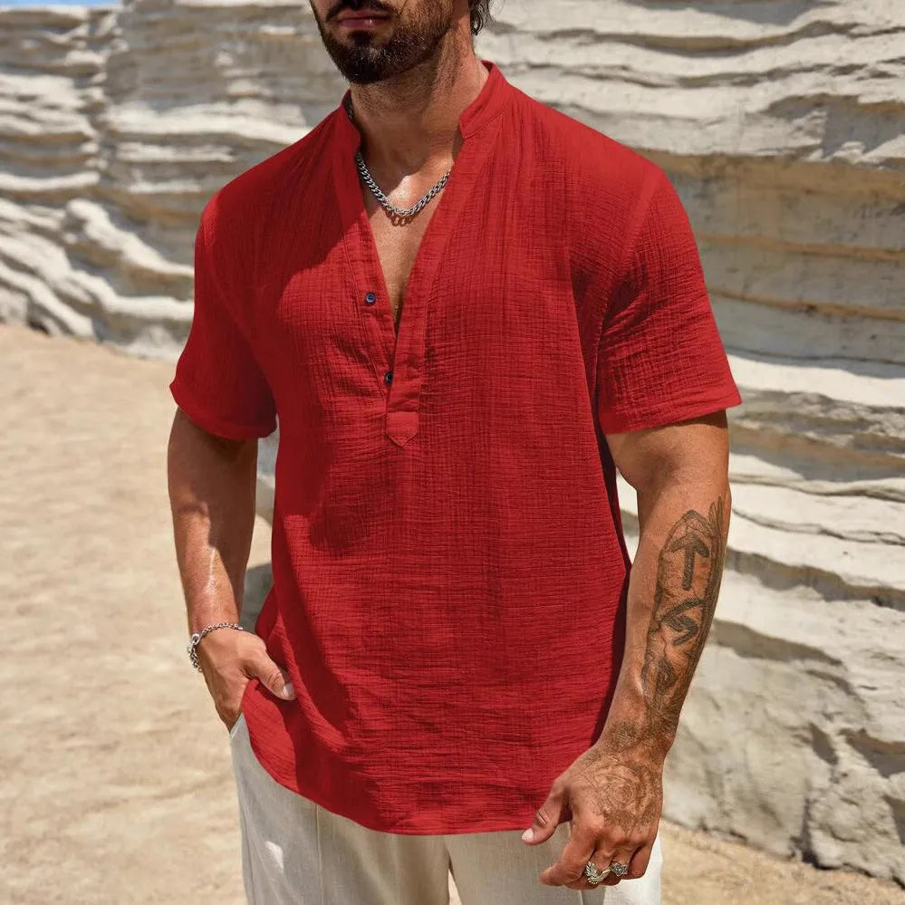Men's solid colour short-sleeve casual shirt with a stand collar, shown in a light blue colour.