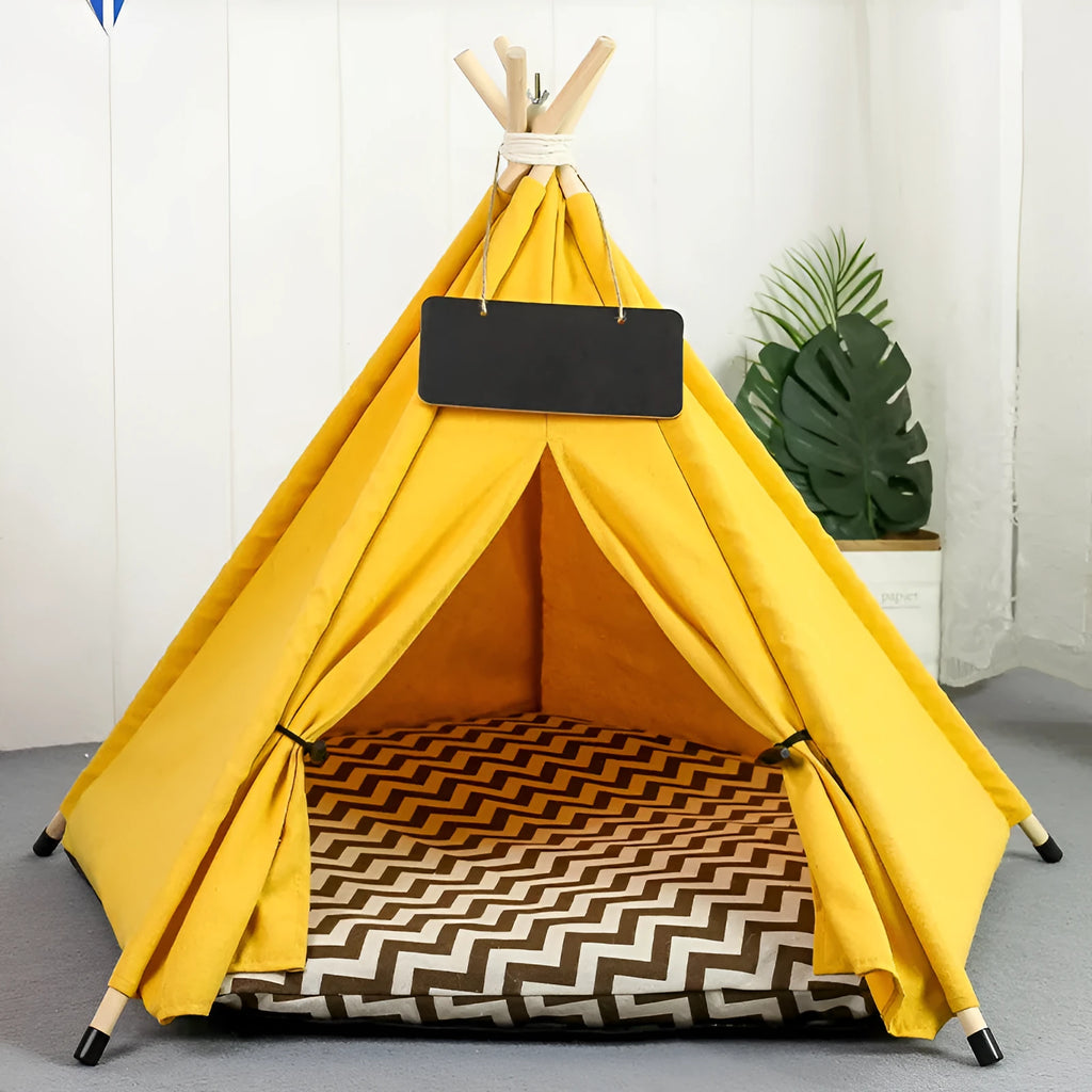 Small striped pet teepee tent with cushion inside for a dog or cat.