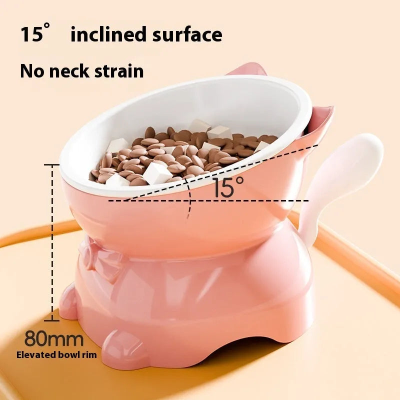 Stainless steel anti-fall oblique cat bowl with kitten tail design in four colour options