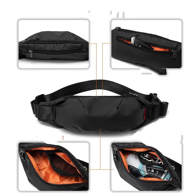 Black Oxford cloth waist pack with crossbody strap showing phone and ID pockets