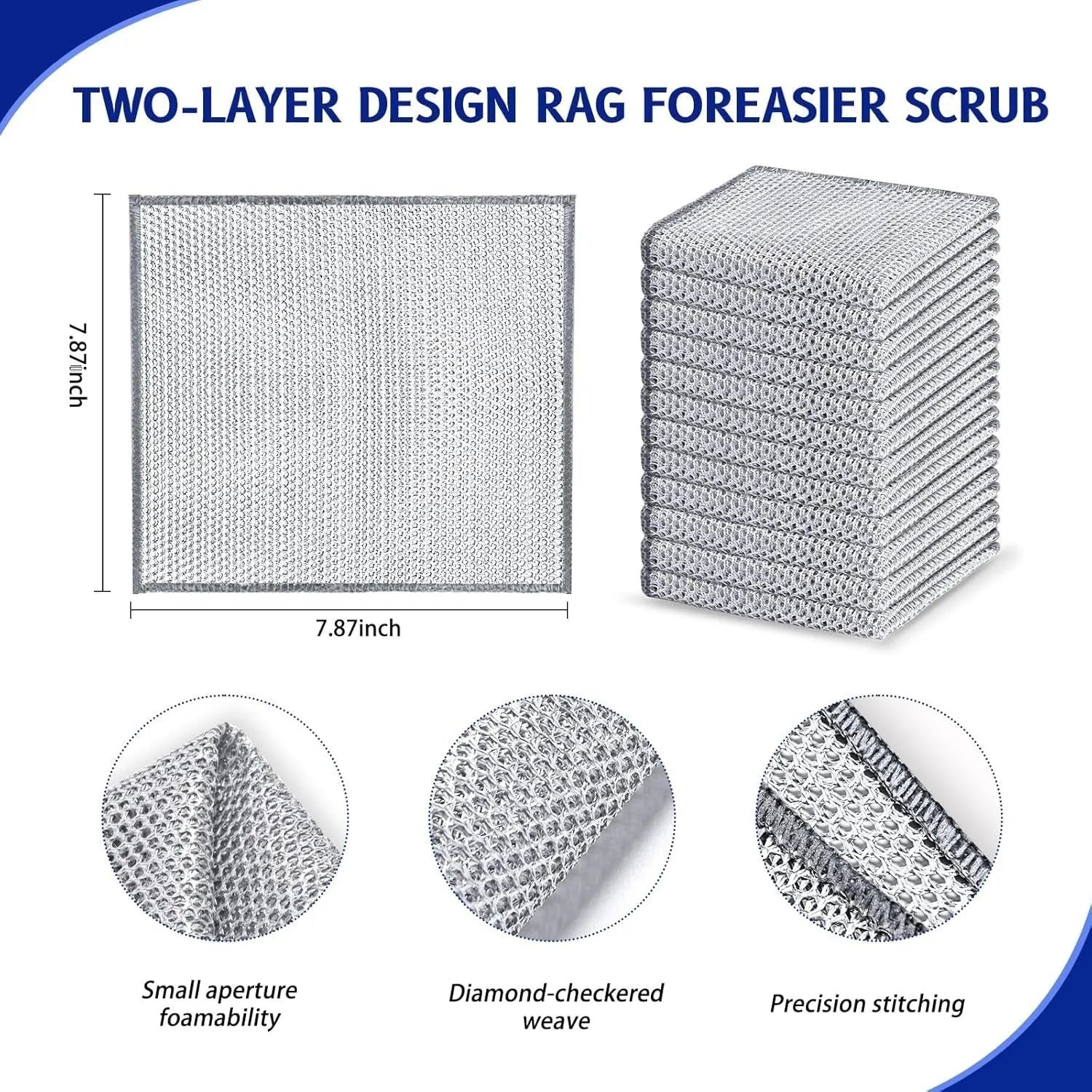 Silver wire kitchen scrubber with attached microfibre rag for double-sided pot cleaning