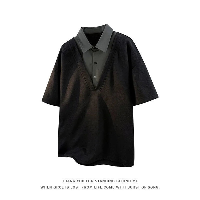 Men's black heavy henry collar short sleeve polo shirt sweater made from thin spandex fabric.