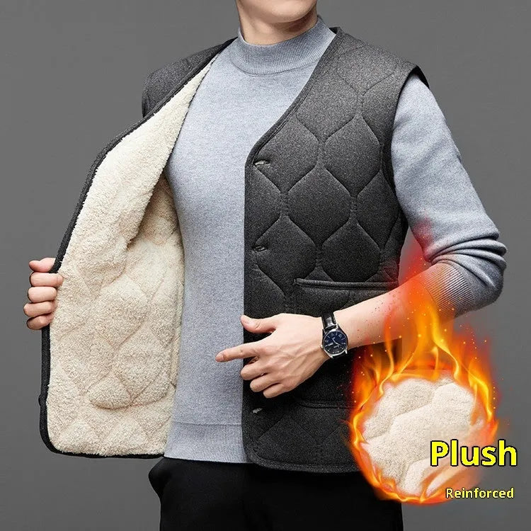 Men's fleece-lined thick cotton blend vest in solid colour cardigan style, black version, size M-4XL