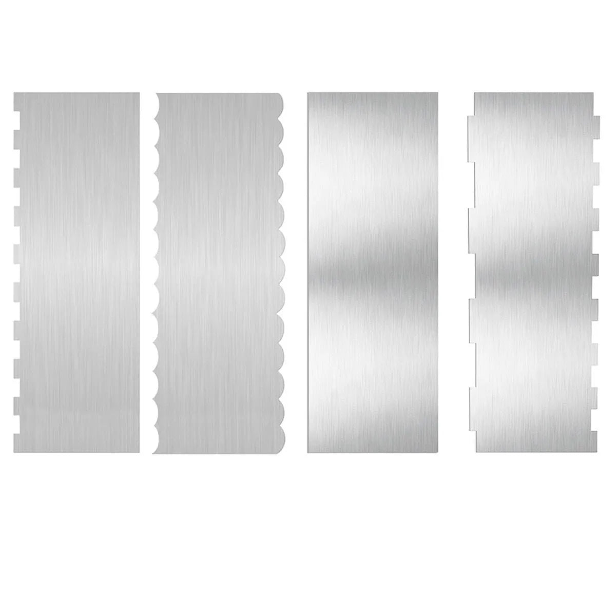 Stainless steel cake scraper with a polygon patterned edge for decorating.