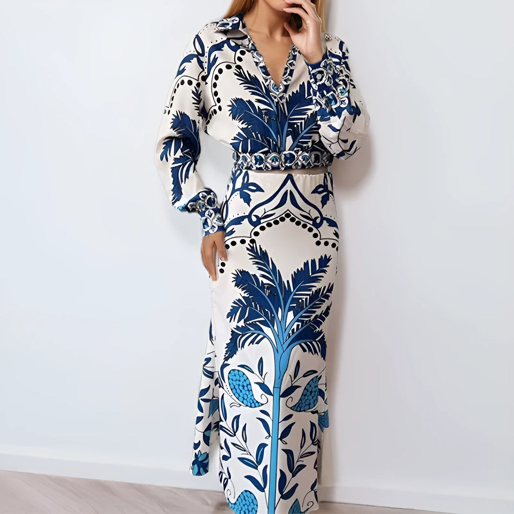 Women's casual polyester two-piece set with long sleeve top and matching long skirt in picture colour