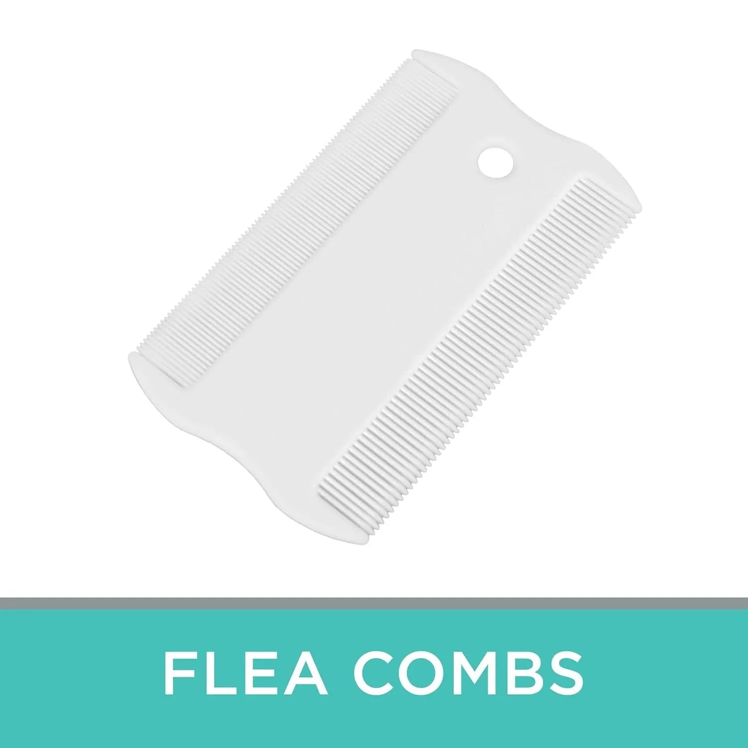 Double-sided plastic flea comb for dogs and cats on a white background.