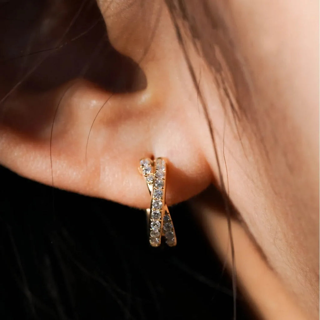 Cross double row twist earrings in 925 silver electroplated 18K gold with 5A zircon, 9mm inner diameter, 12mm outer diameter