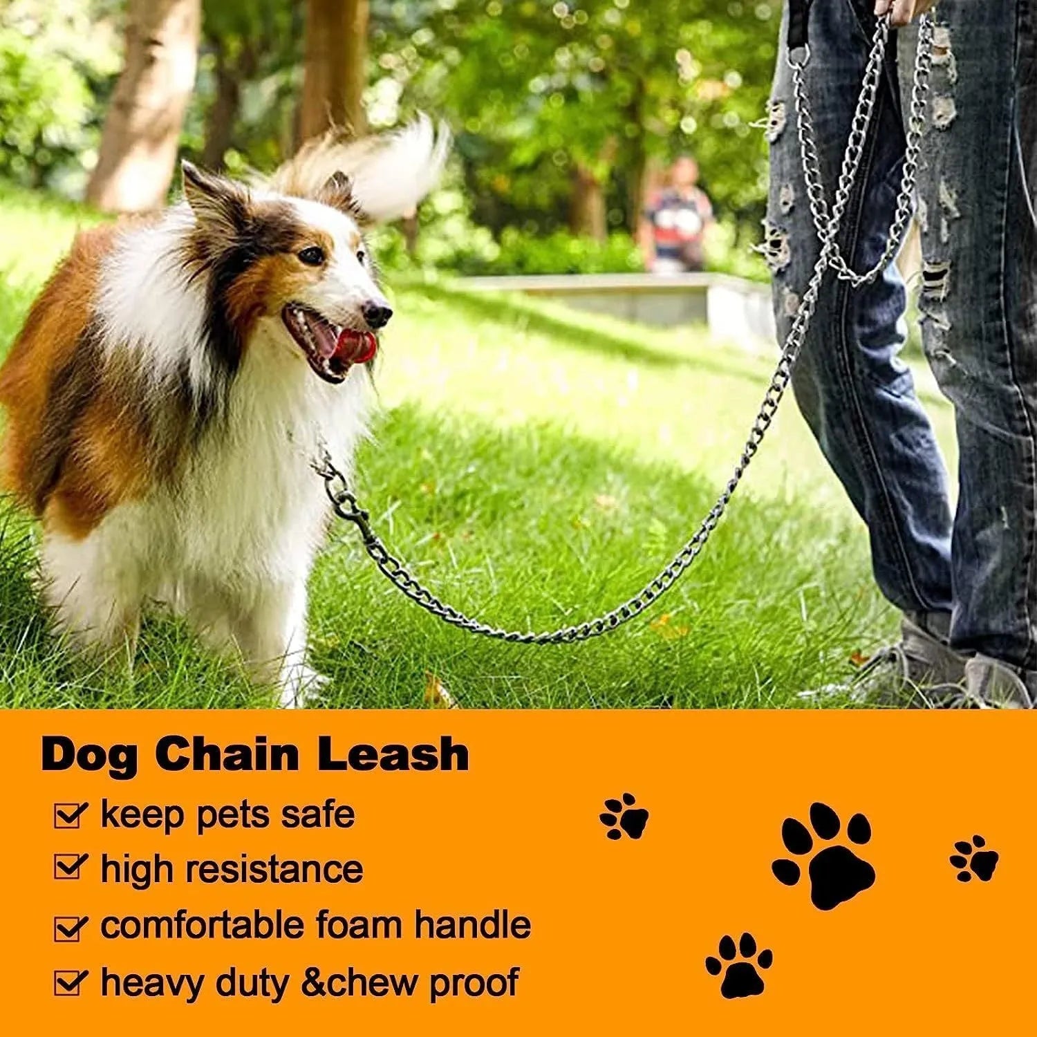Heavy duty metal chain dog leash with a soft black padded handle, shown in red blue and black colours.