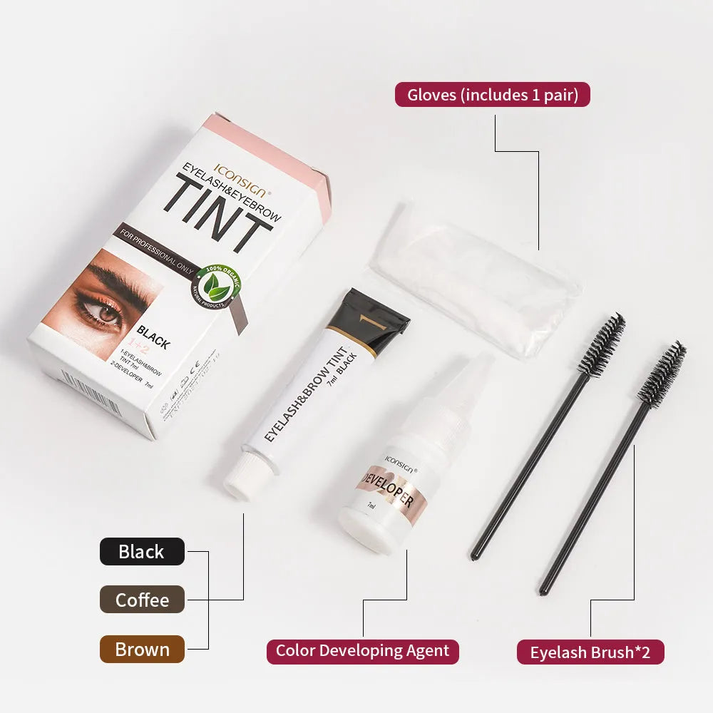 ICONSIGN eyelash and eyebrow dye tint kit with black coffee brown colour options and tools on white background