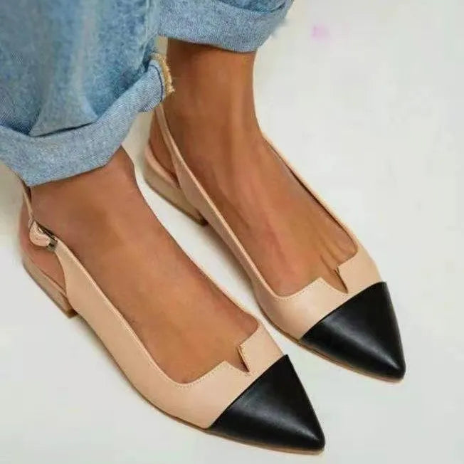 Women's pointed flat bottom low heel pumps in colour-matched design with chunky heel and wool lining