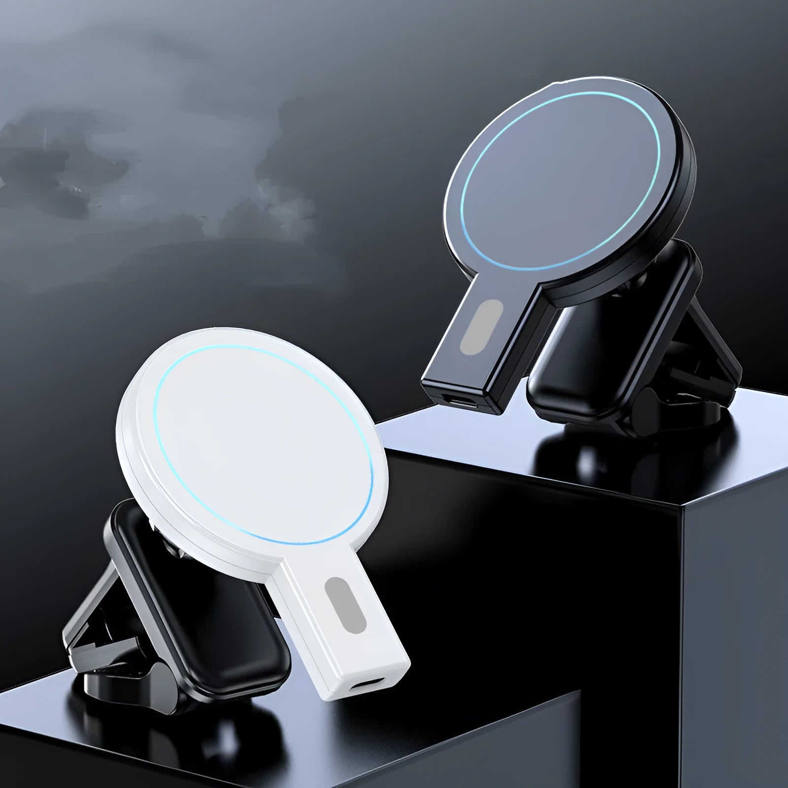 White magnetic absorption wireless charger with charging cable on desk