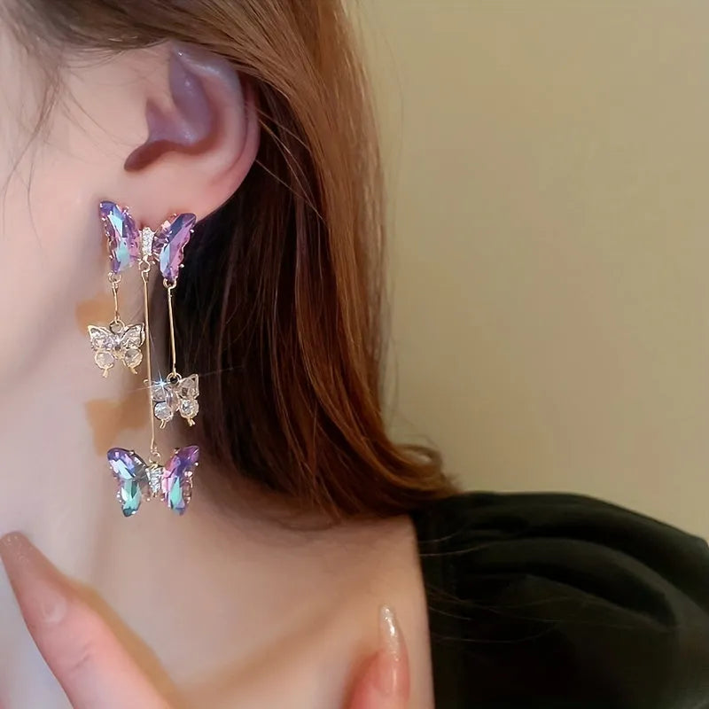 Blue purple butterfly tassel drop earrings with silver needle crystal flowers on electroplated alloy