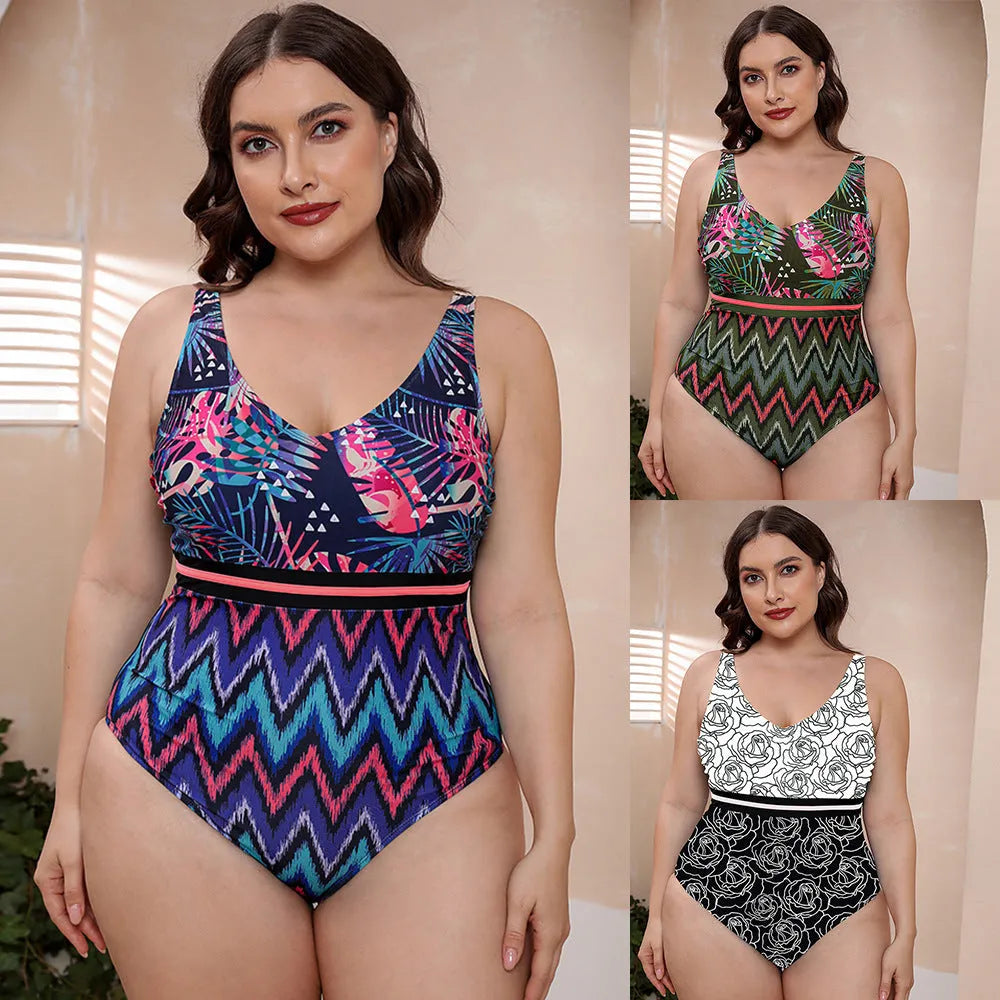 Blue printed stripe women's one-piece swimsuit with spaghetti straps on a mannequin.