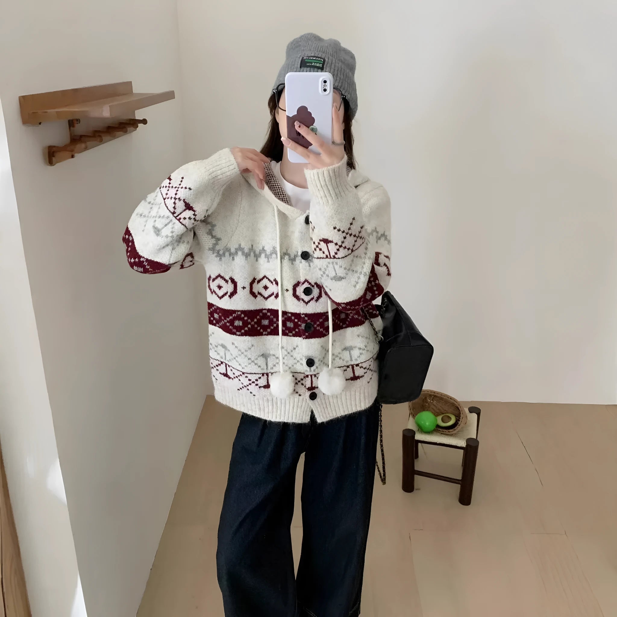 Women's plus size loose geometric pattern brocade sweater coat in beige
