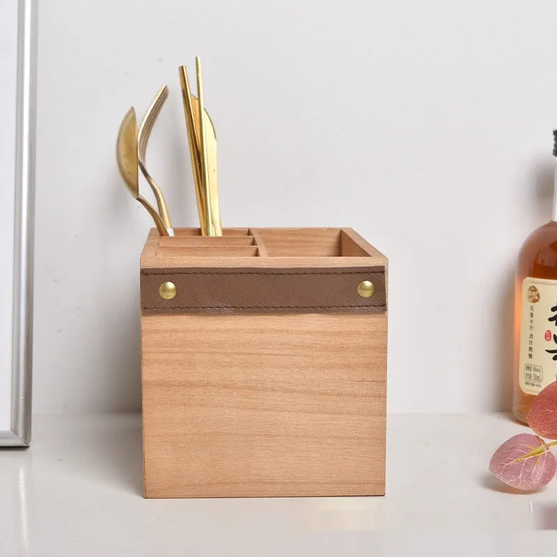 Wooden kitchen storage box with compartments for knives forks and chopsticks