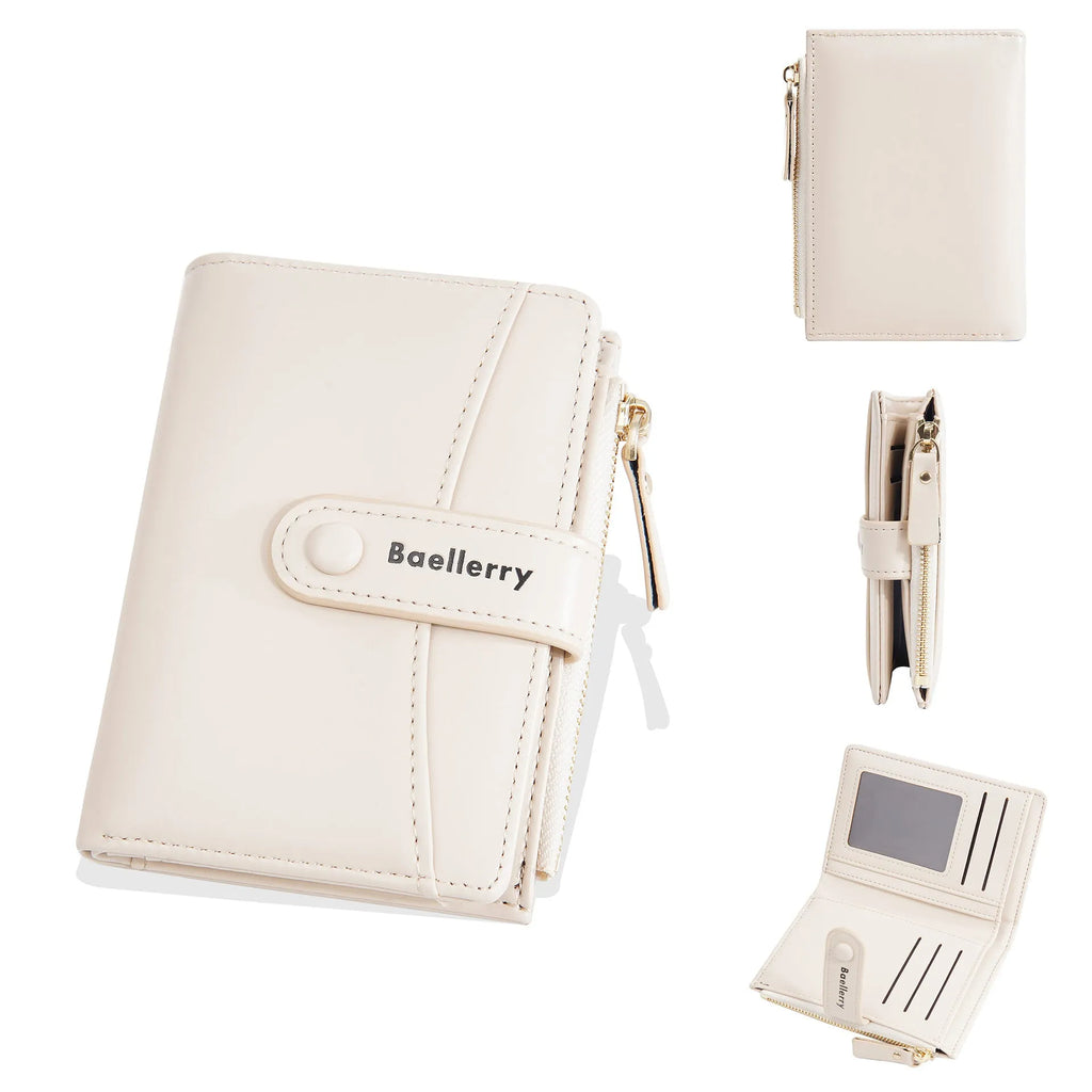 Women's short PU wallet in brown with RFID blocking card slots on neutral background