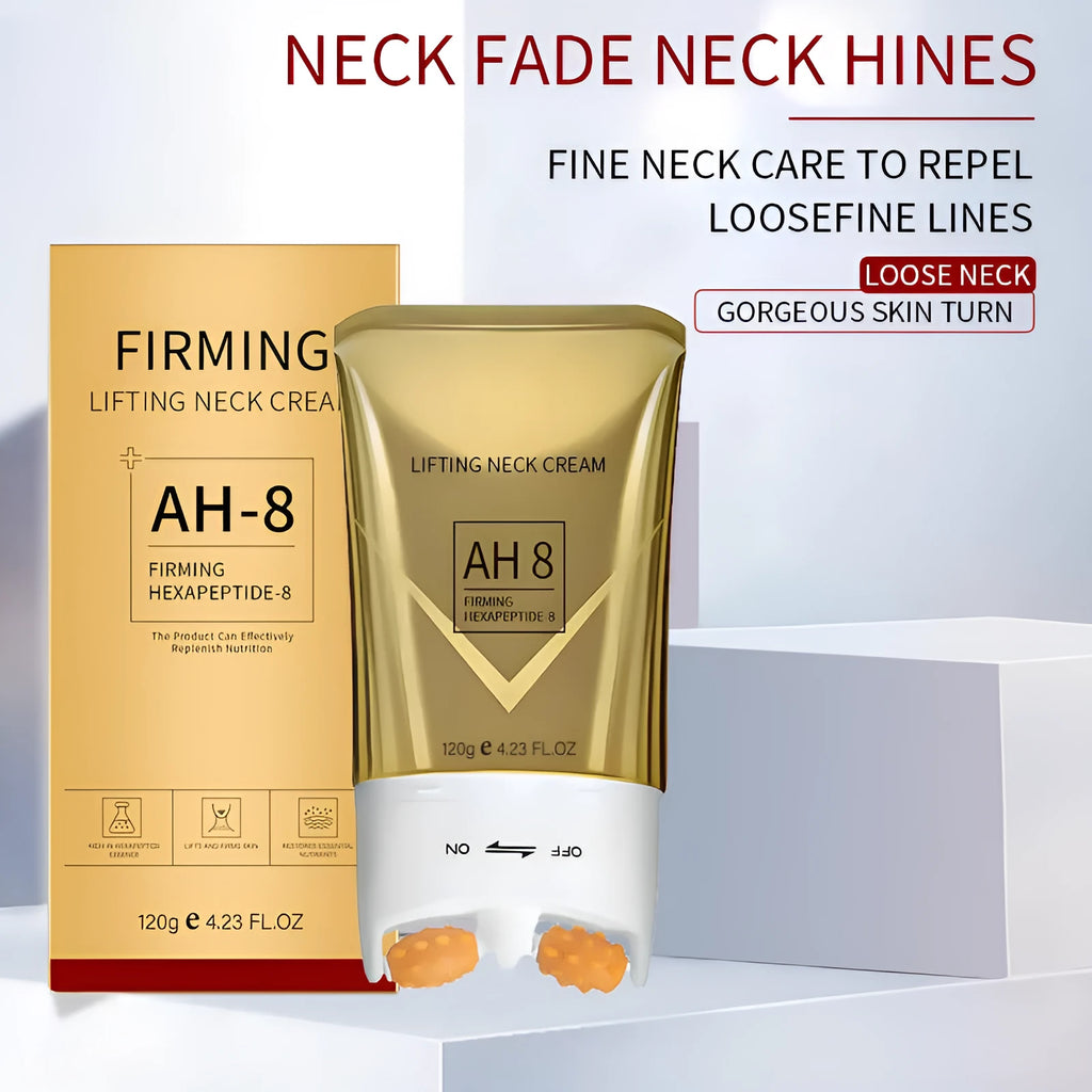 Neck cream tube with roller applicator measuring 8.8x3.5x16.5cm containing 120g wrinkle treatment product