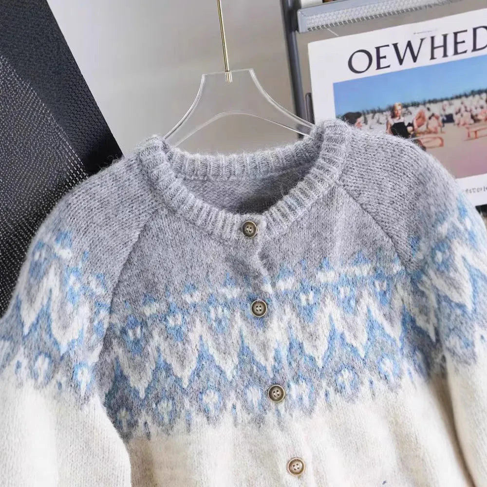 Women's contrast colour jacquard thickened sweater coat loose fit long sleeves