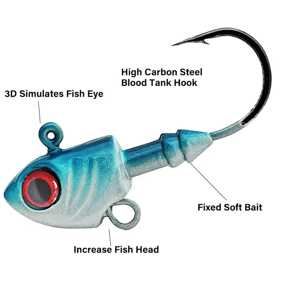 Simulation Yayu shaped lead head fishing jig hooks in blue, silver, yellow colours on a tackle background.