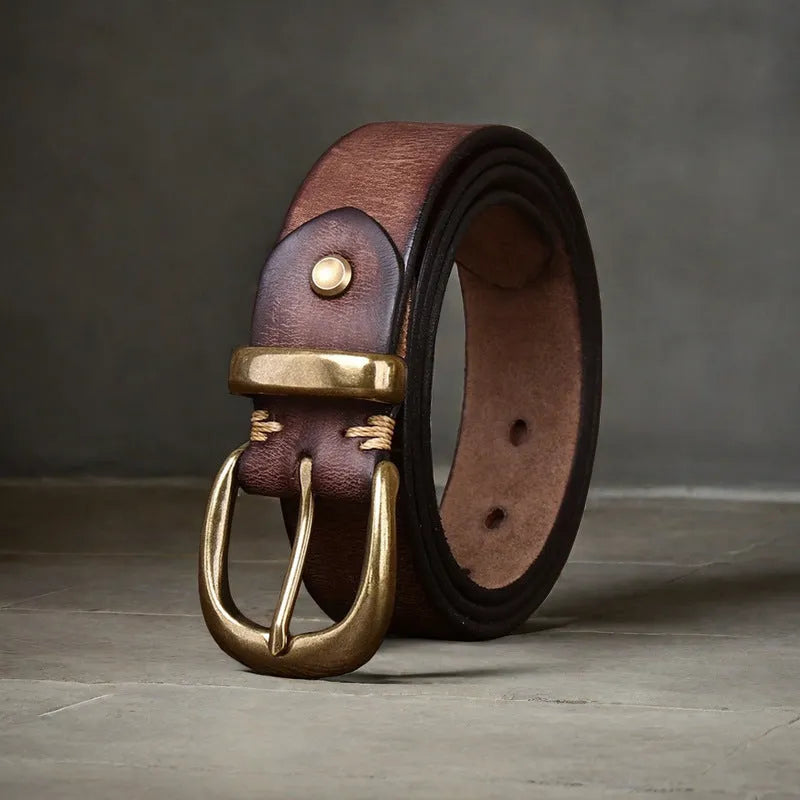 Men's cattlehide leather casual belt with copper buckle in black, brown and khaki colours