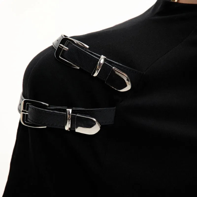 Men's slim fit cotton T-shirt with metal belt design and stand-up collar in black colour