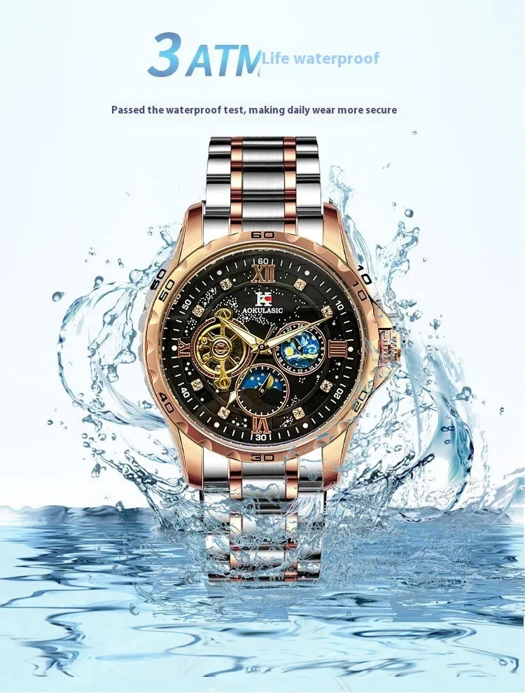 Men's rose gold automatic mechanical watch with black dial and large display