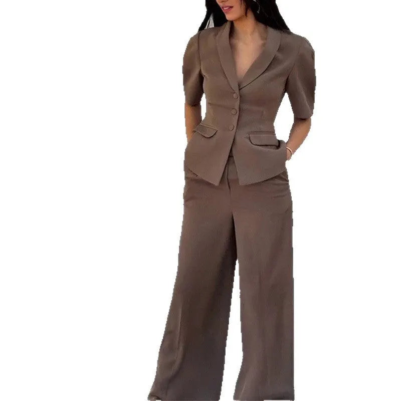 Brown polyester men's suit with slim fit waist, long sleeves, and matching trousers
