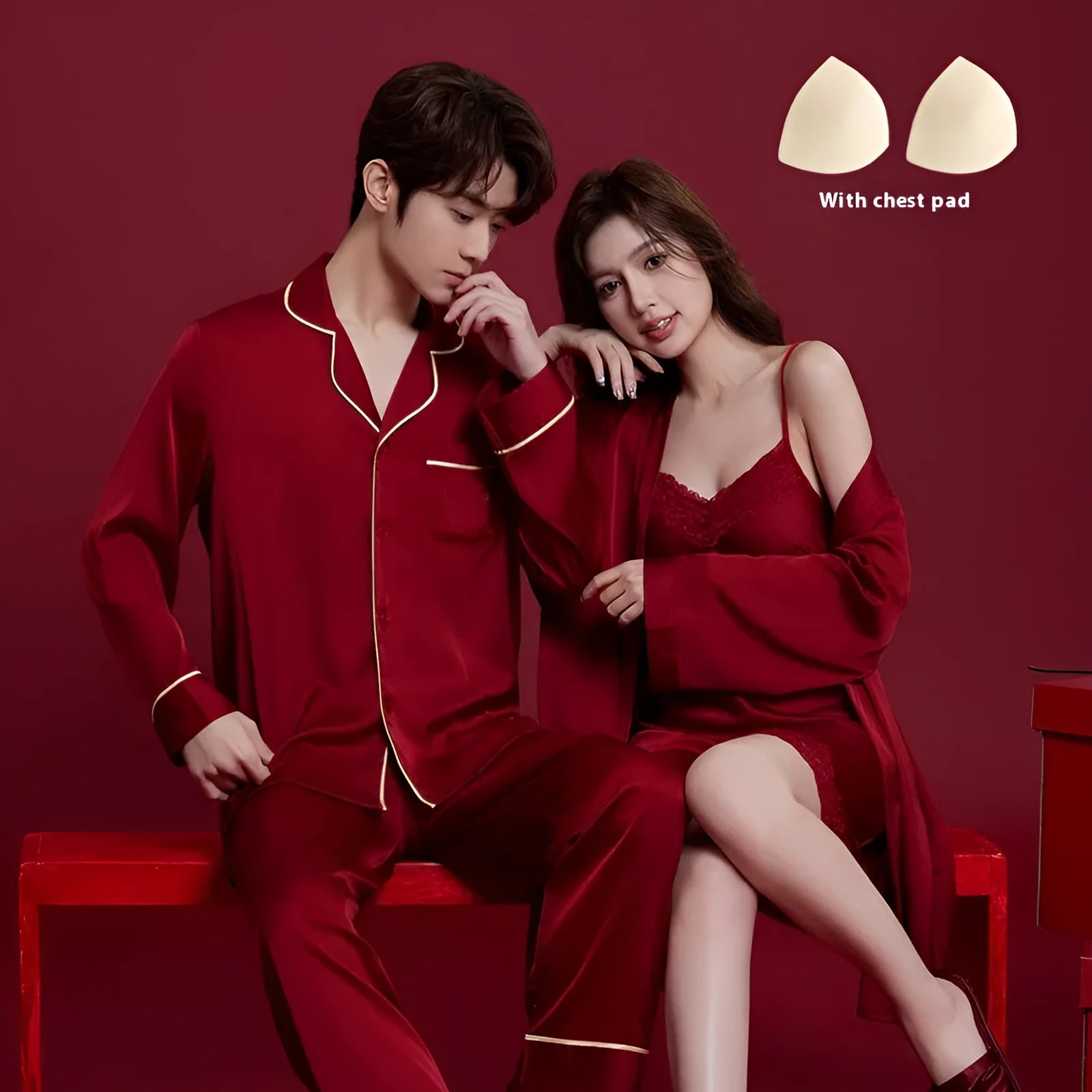 Red men's and women's matching sleepwear set with long sleeves and trousers for wedding and home wear