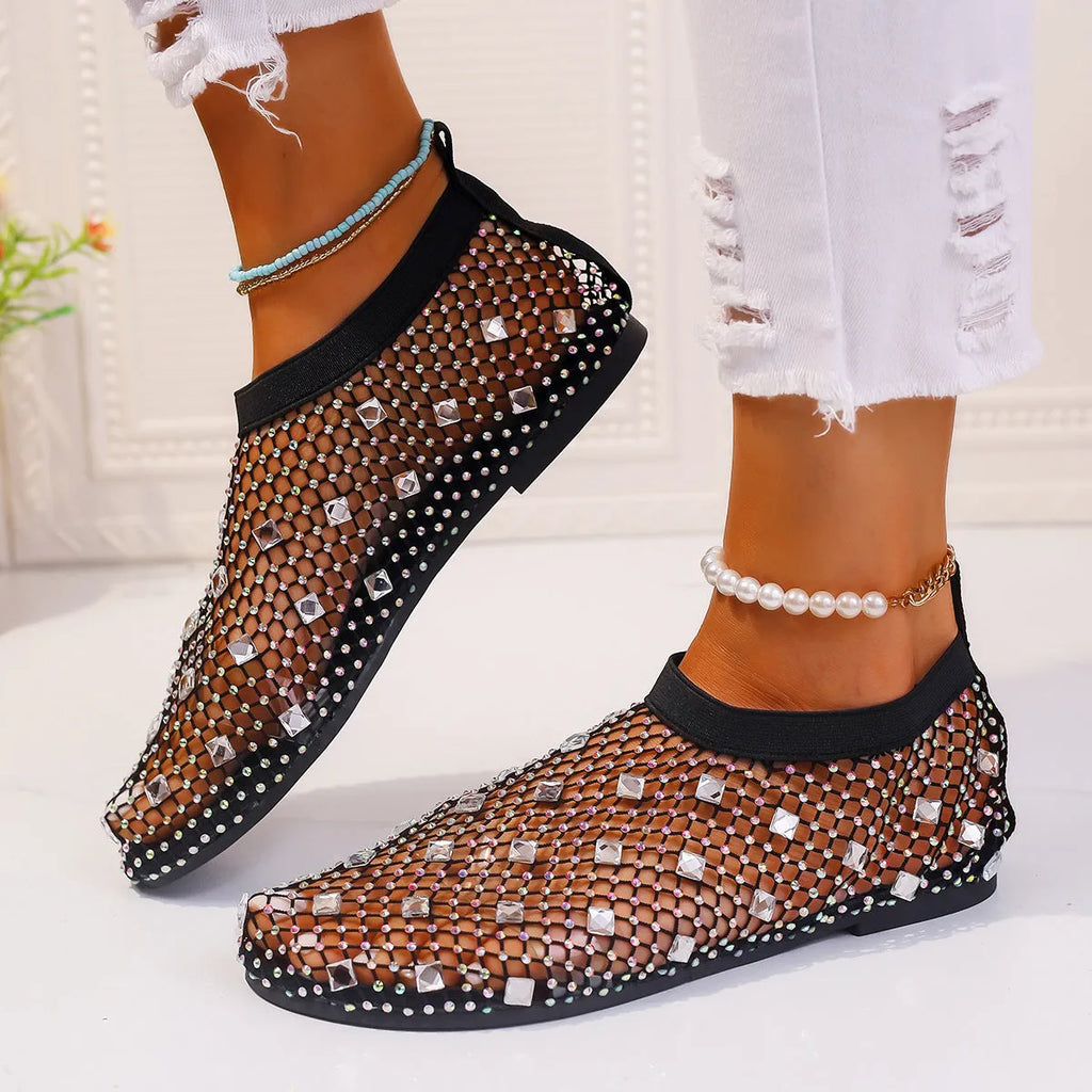 Women's colourful mesh flat sandals with rhinestone decoration and round toe design