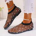 Women's colourful mesh flat sandals with rhinestone decoration and round toe design