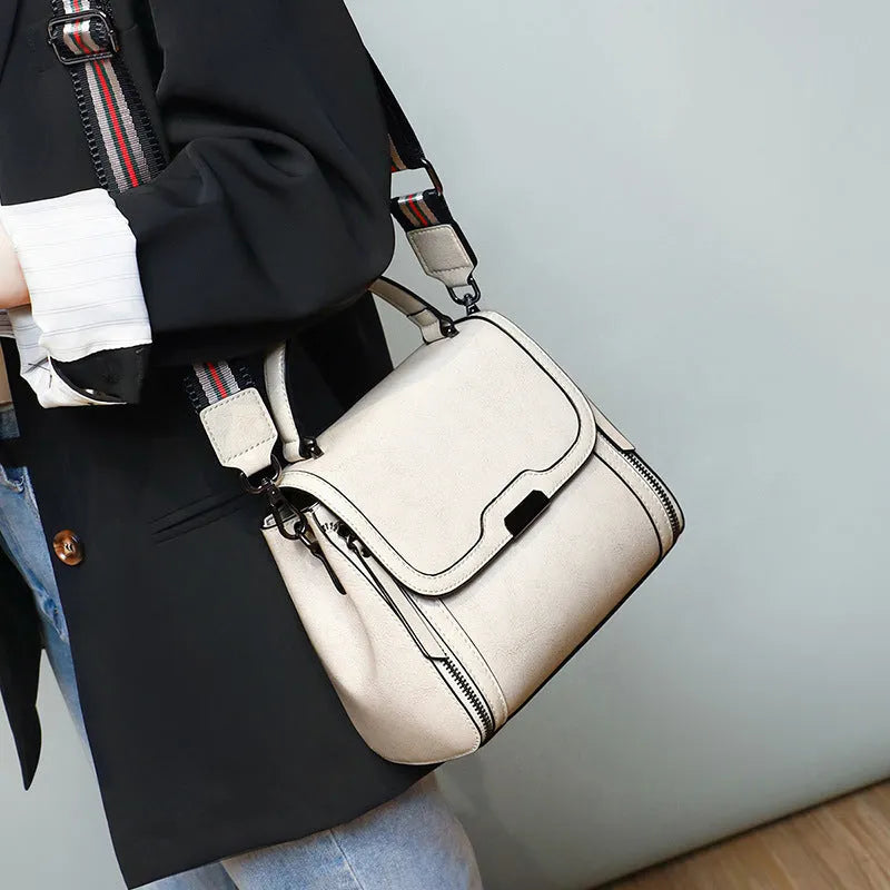 Women's genuine leather retro messenger bag in horizontal square shape with double shoulder straps