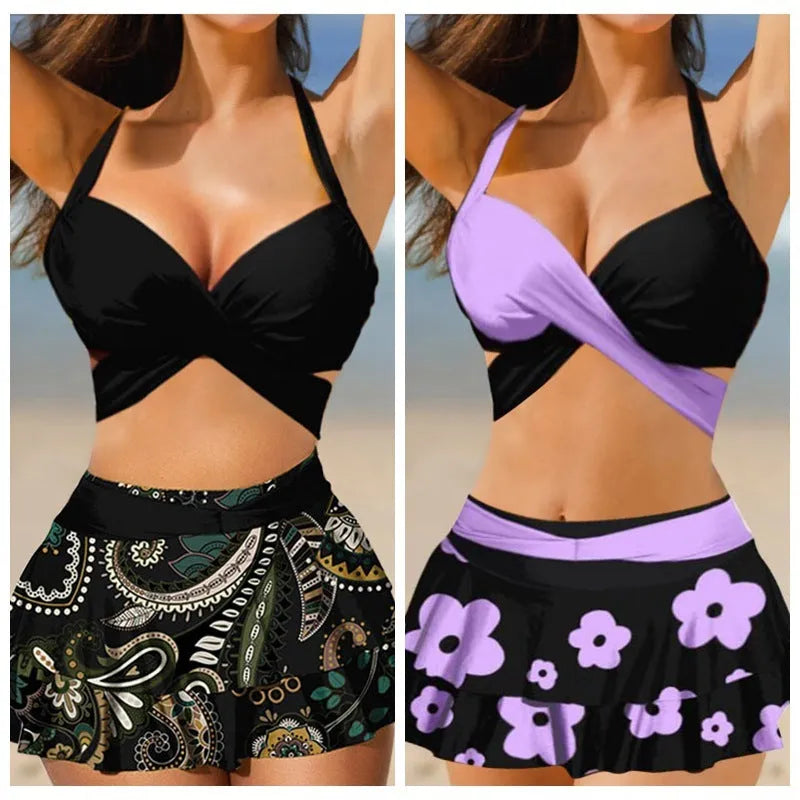 Purple women's bikini with lace-up detail and matching high-waisted split skirt