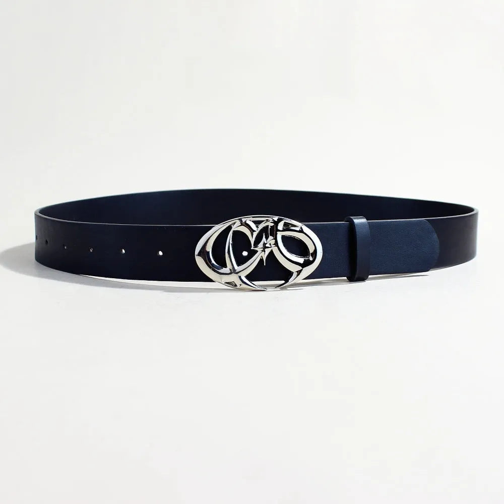 Casual silver buckle belt made from black PU leather with a snap button fastening