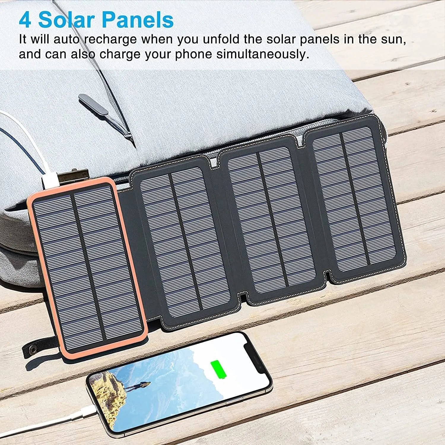 Black outdoor solar phone charger with leather exterior, solar panel, and LED light.