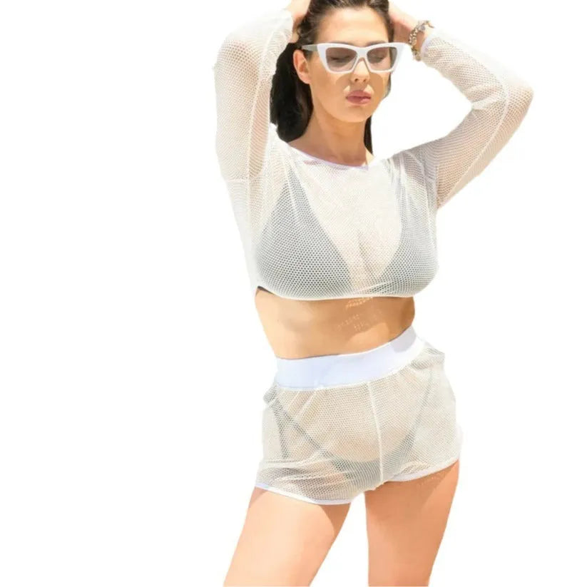 White transparent women's beach swimsuit set with top and skirt, breathable straps