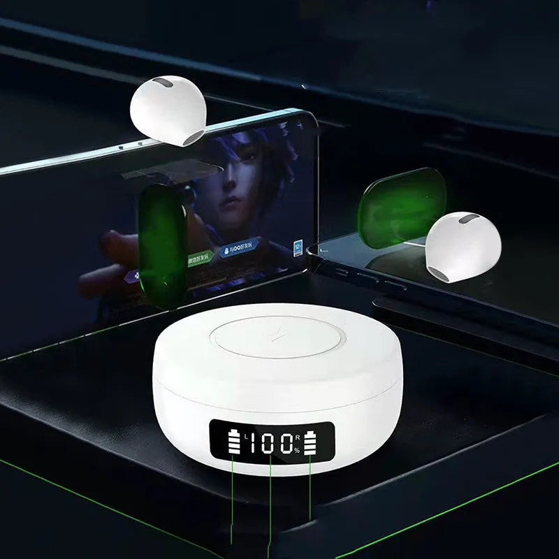 Mini wireless semi-in-ear headphones with charging case in black, white, and colour options