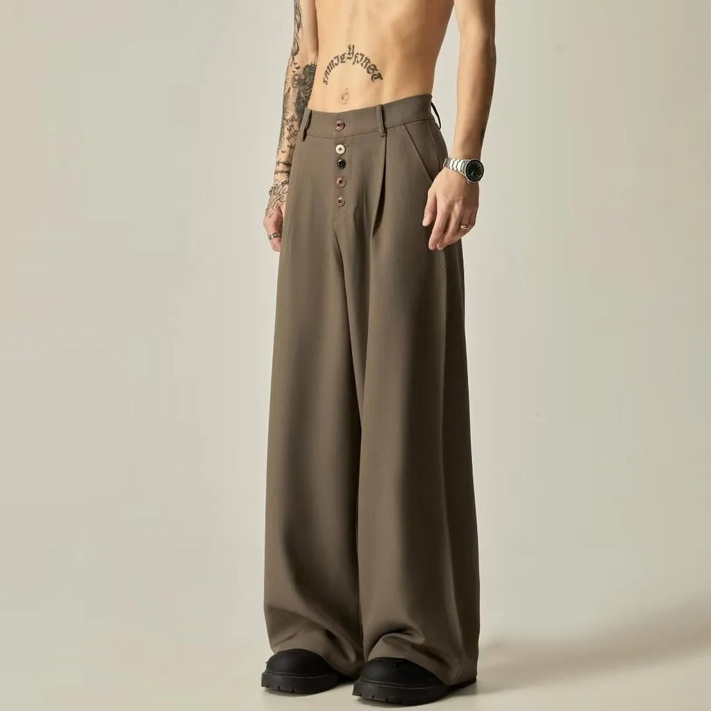 Men's solid colour vertical tube wide-leg trousers with button fly and straight-leg design