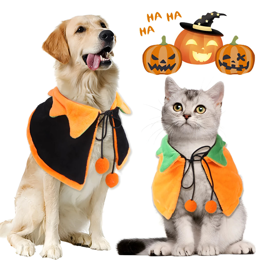 Plush double-sided pet Halloween cloak for dogs and cats in pumpkin-themed colours
