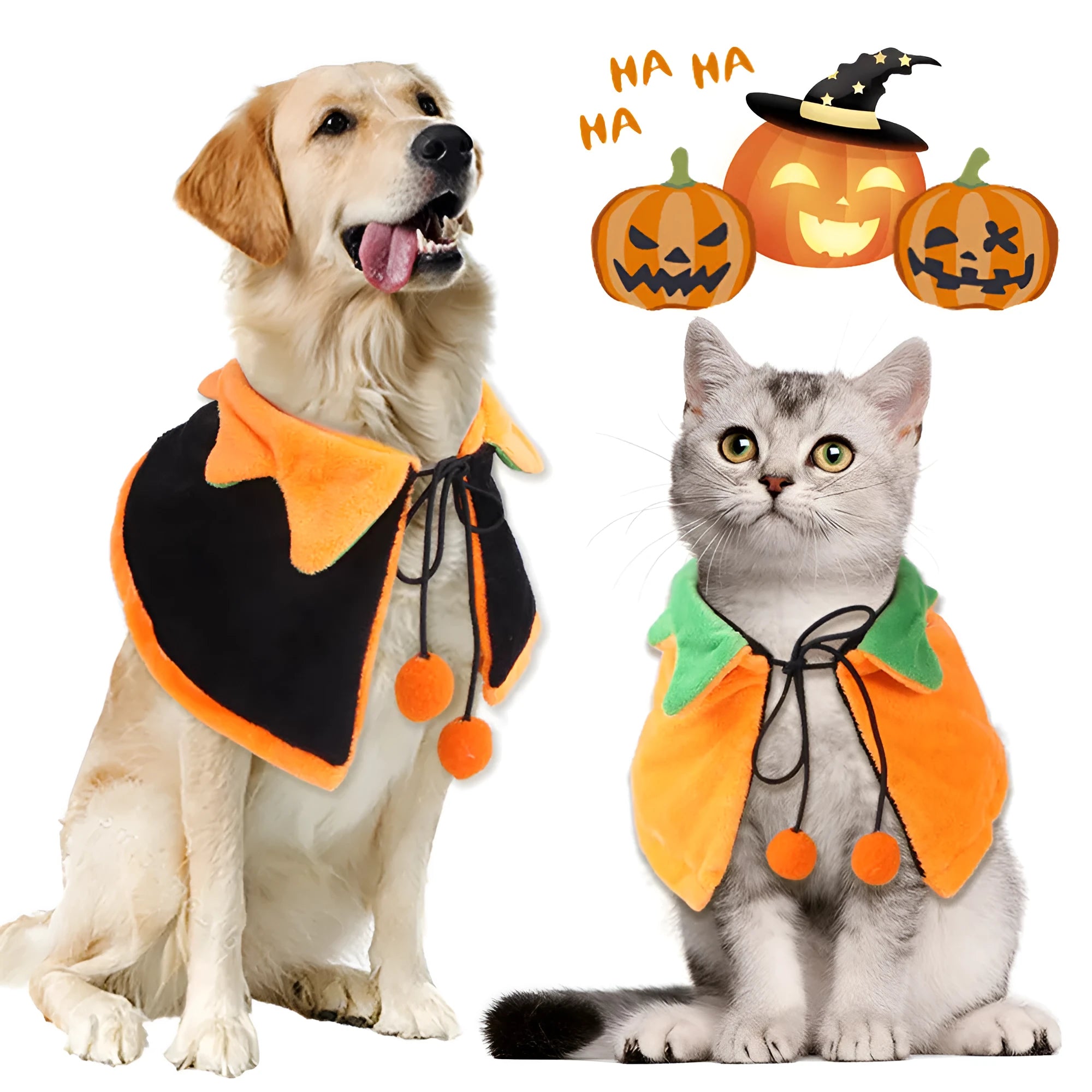 Plush double-sided pet Halloween cloak for dogs and cats in pumpkin-themed colours