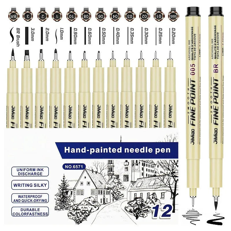 Waterproof black syringe-style drawing pen with a plastic body, shown for scale.