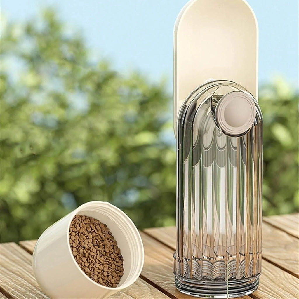 Beige or green foldable dog water bottle with food container, showing large drinking opening and compact size.