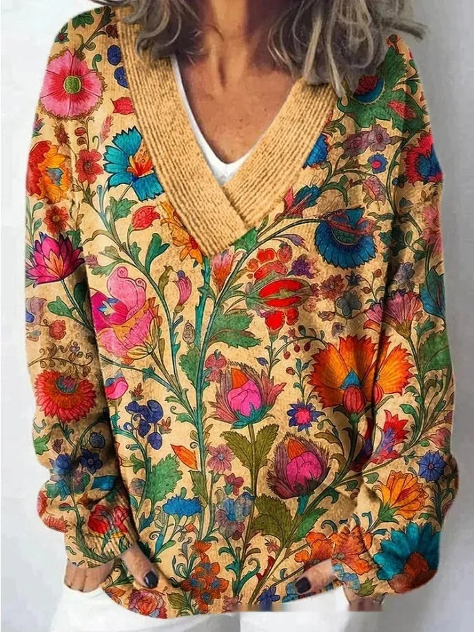 Women's V-neck long sleeve sweatshirt with a detailed 3D floral print pattern.