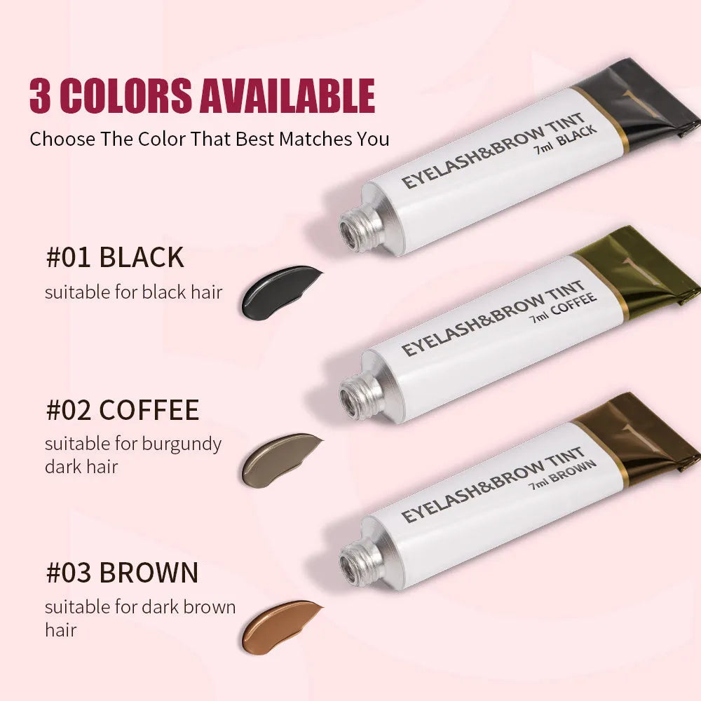 ICONSIGN eyelash and eyebrow dye tint kit with black coffee brown colour options and tools on white background