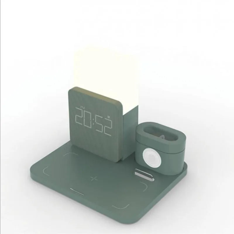 A dark green 3-in-1 Qi wireless charging stand holding a phone, with slots for a smartwatch and earbuds case.