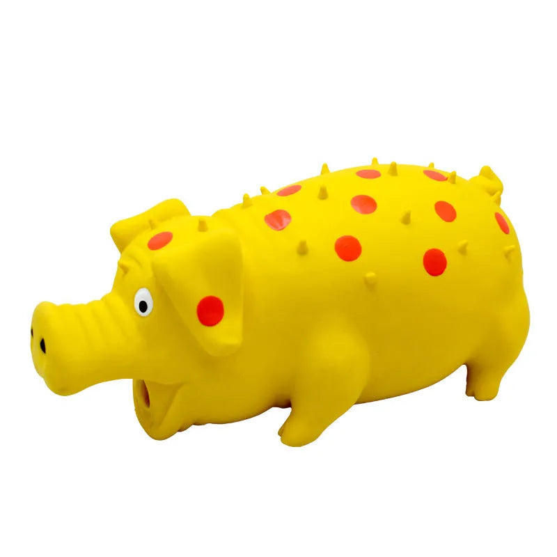 Blue latex pig-shaped dog chew toy with protruding grains and squeaker for aggressive chewers