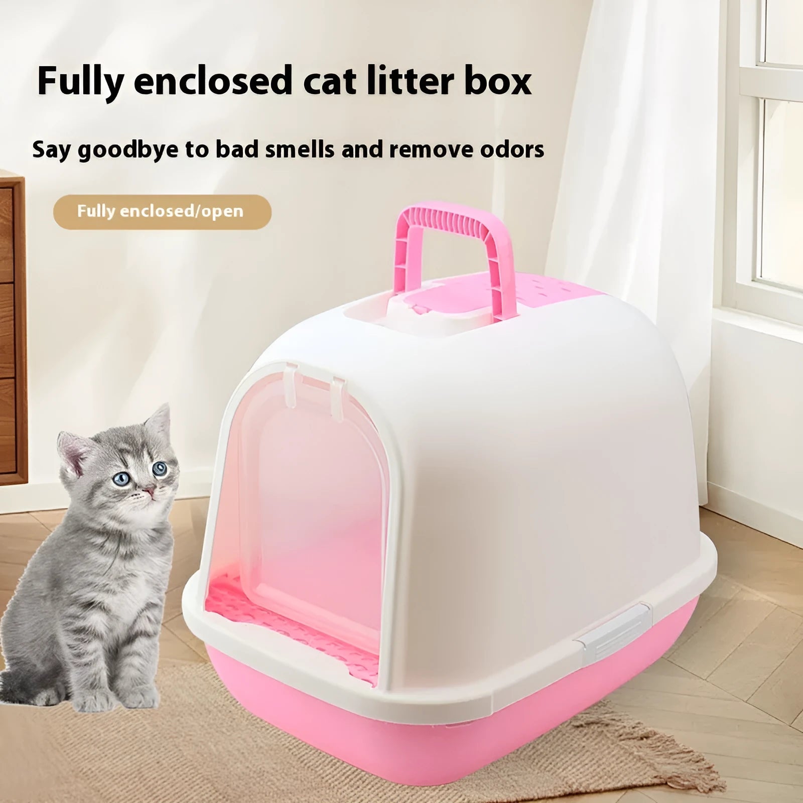 Fully enclosed PP cat litter box with drawer and deodorant, 49x36x41cm, pink finish