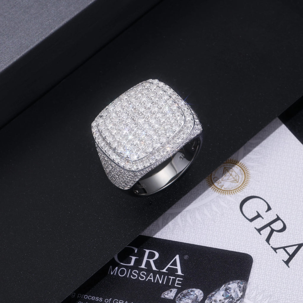 Royal Square Diamond men's ring with square moissanite stone, S925 silver, platinum plated, on white background