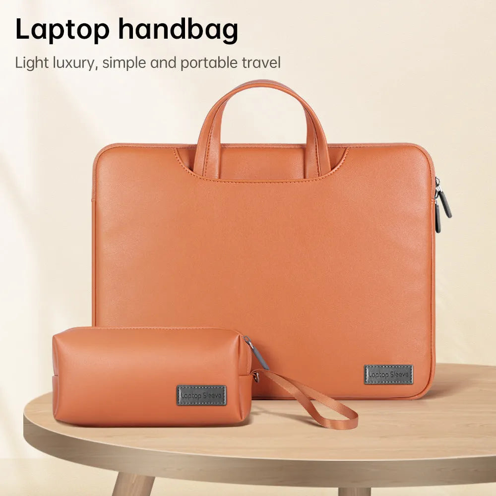 Shockproof waterproof PU laptop bag in black with shoulder strap and accessory bag for 15.6 inch laptop