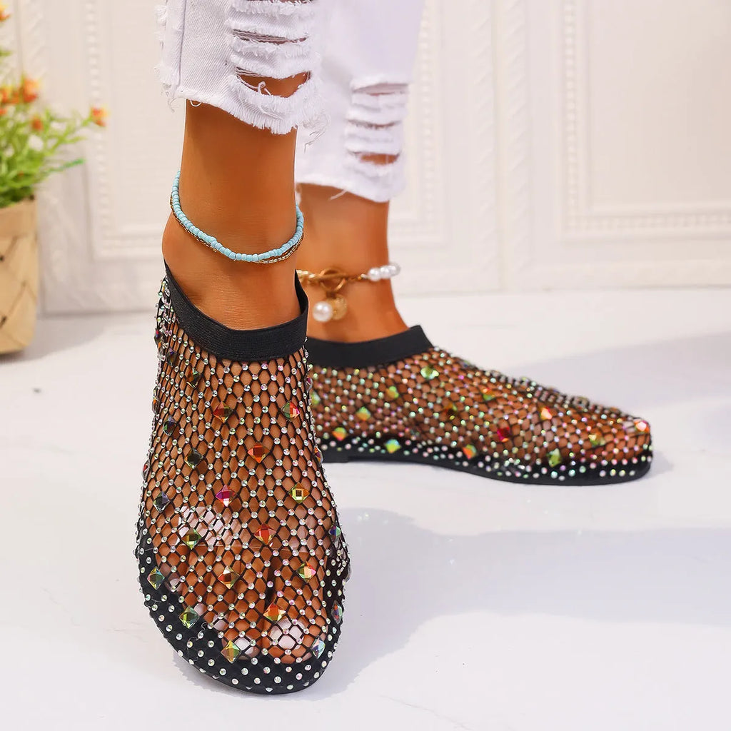 Women's colourful mesh flat sandals with rhinestone decoration and round toe design